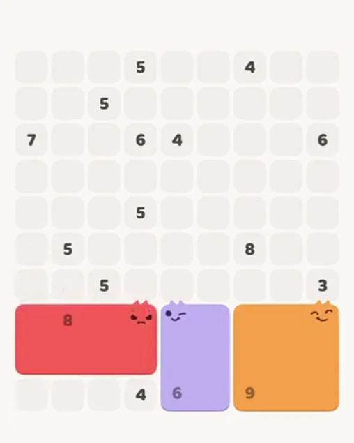 MeowBlock Level 56 after step 3, placing the 8-cell rectangular block at the lower-left area