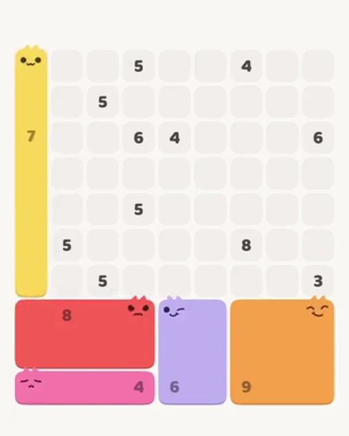 MeowBlock Level 56 after step 5, placing the 7-cell vertical block at the middle-left area