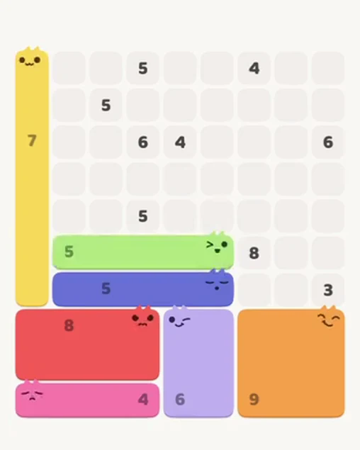 MeowBlock Level 56 after step 7, placing the 5-cell horizontal block at the middle center