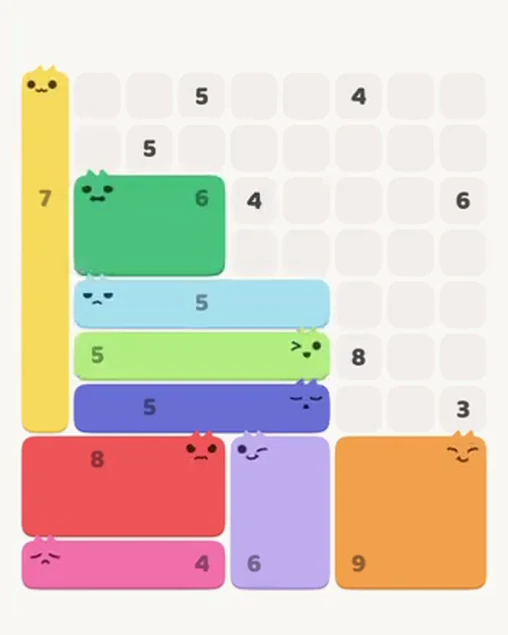 MeowBlock Level 56 after step 9, placing the 6-cell rectangular block at the middle-left area