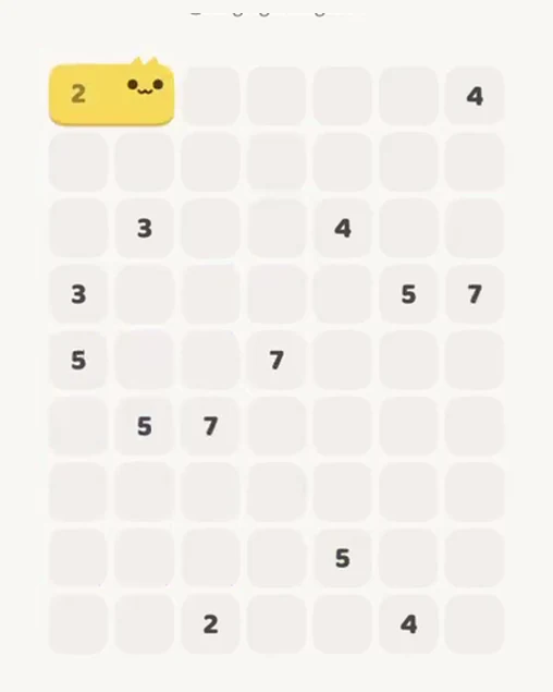 MeowBlock Level 57 after step 1, placing the 2-cell horizontal block at the upper-left area