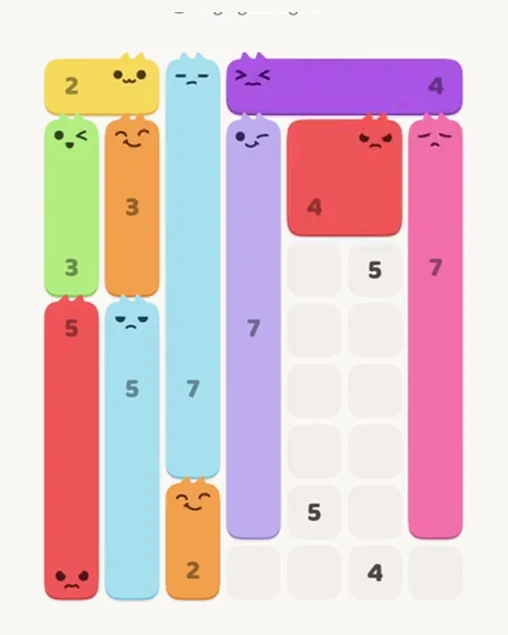 MeowBlock Level 57 after step 11, placing the 4-cell square block at the upper-right area