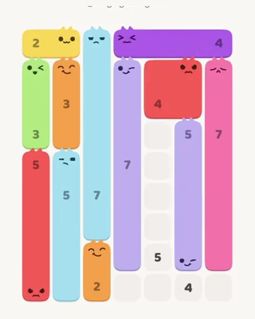MeowBlock Level 57 after step 12, placing the 5-cell vertical block at the lower-right area