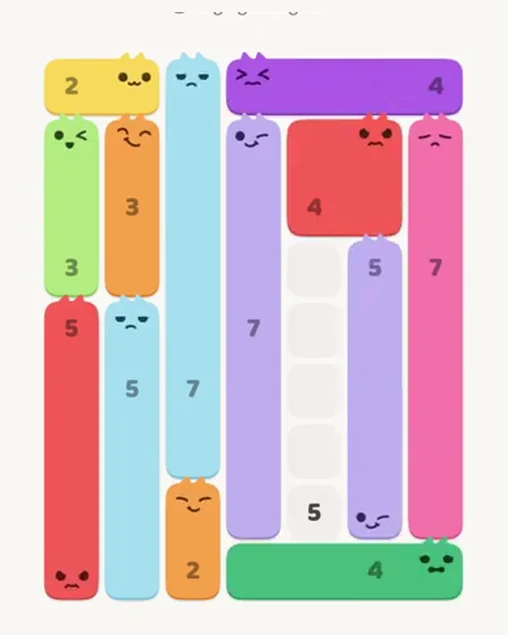 MeowBlock Level 57 after step 13, placing the 4-cell horizontal block at the lower-right area