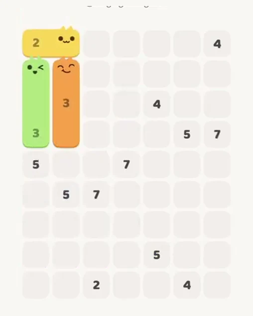 MeowBlock Level 57 after step 3, placing the 3-cell vertical block at the upper-left area