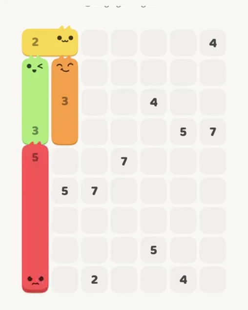 MeowBlock Level 57 after step 4, placing the 5-cell vertical block at the lower-left area