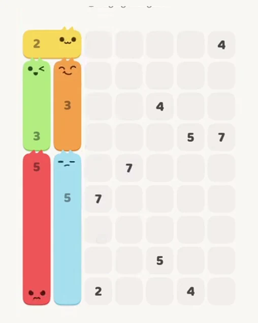 MeowBlock Level 57 after step 5, placing the 5-cell vertical block at the lower-left area