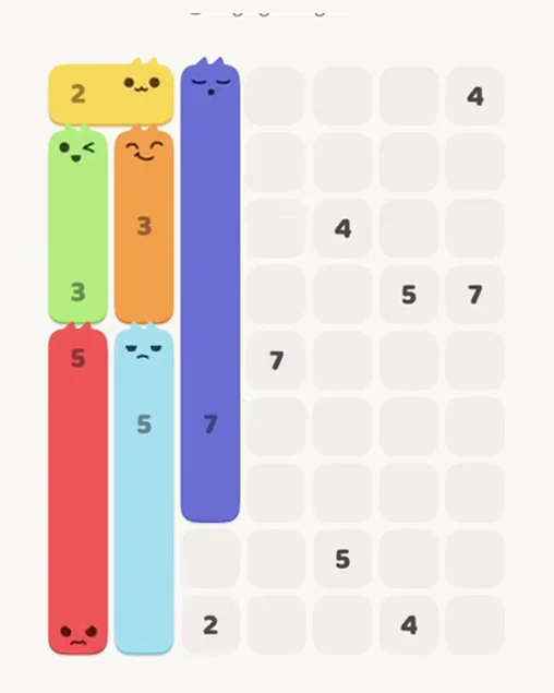MeowBlock Level 57 after step 6, placing the 7-cell vertical block at the middle center