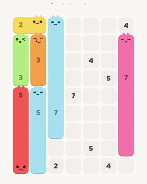MeowBlock Level 57 after step 7, placing the 7-cell vertical block at the middle-right area