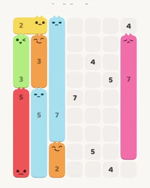 MeowBlock Level 57 after step 8, placing the 2-cell vertical block at the lower center