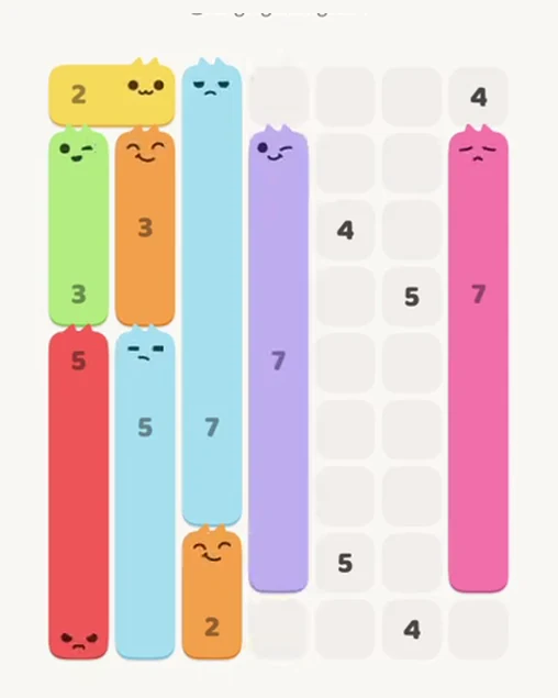 MeowBlock Level 57 after step 9, placing the 7-cell vertical block at the middle center