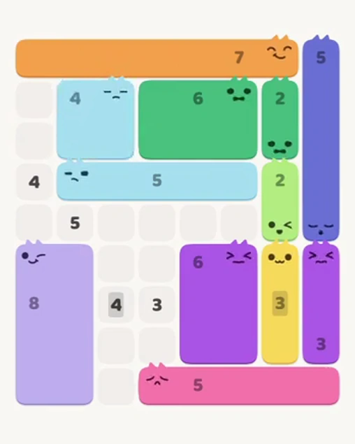 MeowBlock Level 58 after step 12, placing the 4-cell square block at the upper-left area