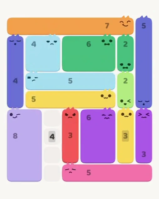 MeowBlock Level 58 after step 15, placing the 3-cell vertical block at the lower center