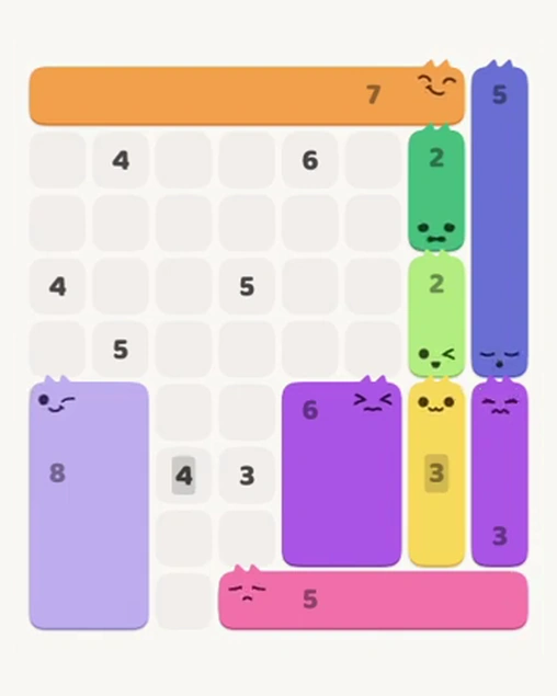 MeowBlock Level 58 after step 9, placing the 8-cell rectangular block at the lower-left area