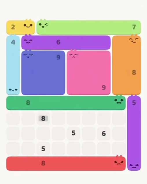 MeowBlock Level 59 after step 10, placing the 8-cell horizontal block at the middle center