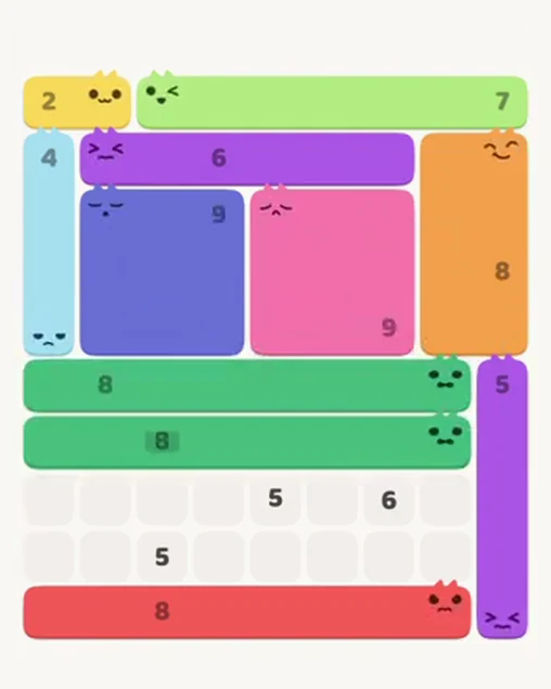 MeowBlock Level 59 after step 11, placing the 8-cell horizontal block at the lower center