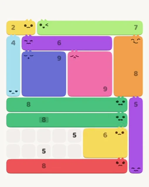 MeowBlock Level 59 after step 12, placing the 6-cell rectangular block at the lower-right area