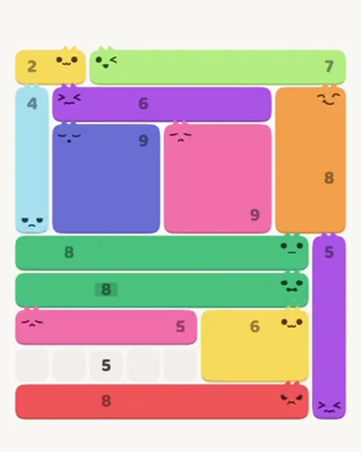 MeowBlock Level 59 after step 13, placing the 5-cell horizontal block at the lower-left area