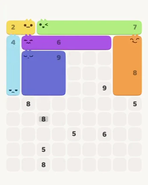 MeowBlock Level 59 after step 6, placing the 9-cell square block at the middle-left area