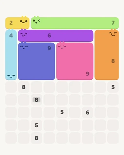 MeowBlock Level 59 after step 7, placing the 9-cell square block at the middle-right area
