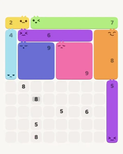 MeowBlock Level 59 after step 8, placing the 5-cell vertical block at the lower-right area