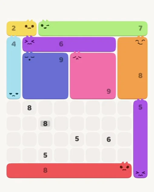 MeowBlock Level 59 after step 9, placing the 8-cell horizontal block at the lower center