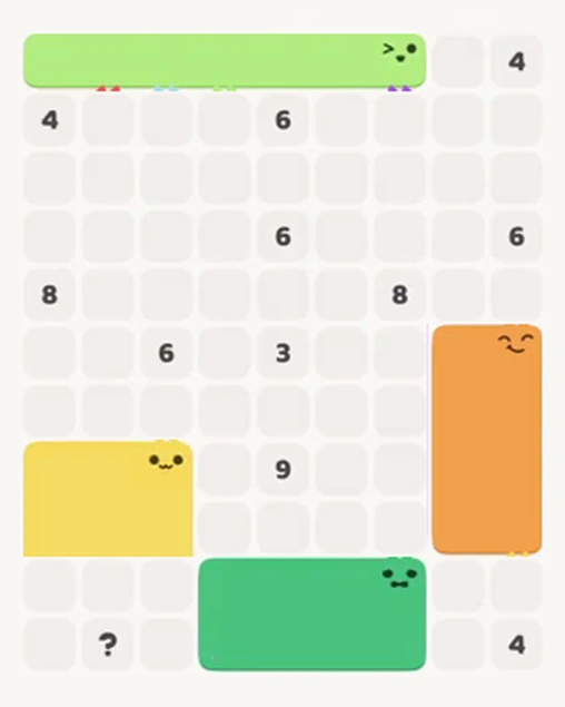 MeowBlock Level 60 after step 4, placing the 8-cell rectangular block at the lower center