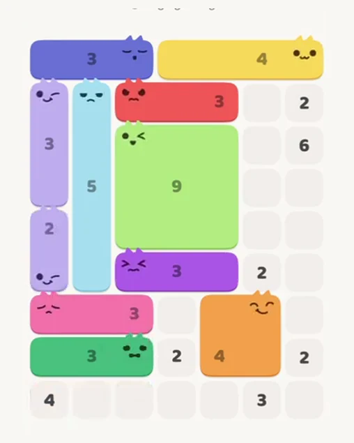 MeowBlock Level 61 after step 11, placing the 2-cell vertical block at the middle-left area