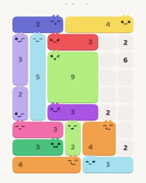 MeowBlock Level 61 after step 14, placing the 2-cell vertical block at the lower center