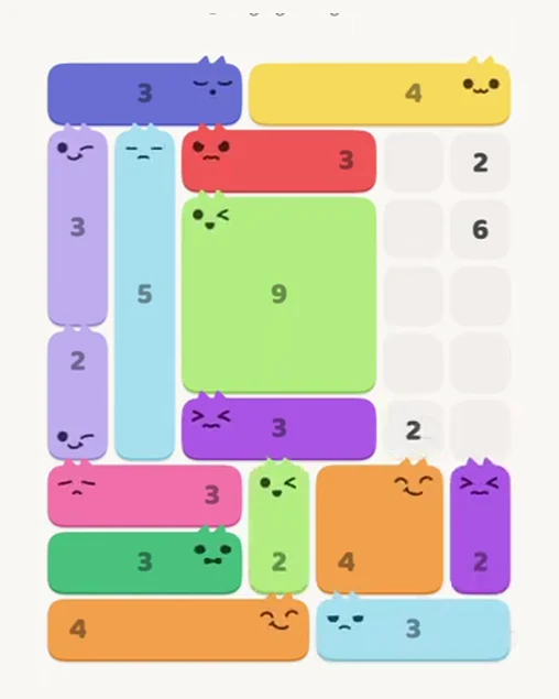 MeowBlock Level 61 after step 15, placing the 2-cell vertical block at the lower-right area