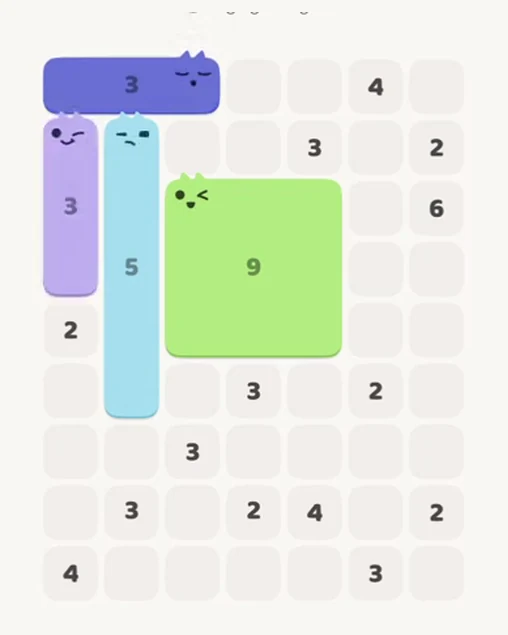 MeowBlock Level 61 after step 4, placing the 3-cell vertical block at the upper-left area