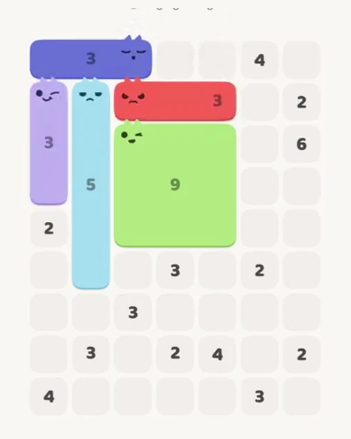 MeowBlock Level 61 after step 5, placing the 3-cell horizontal block at the upper center