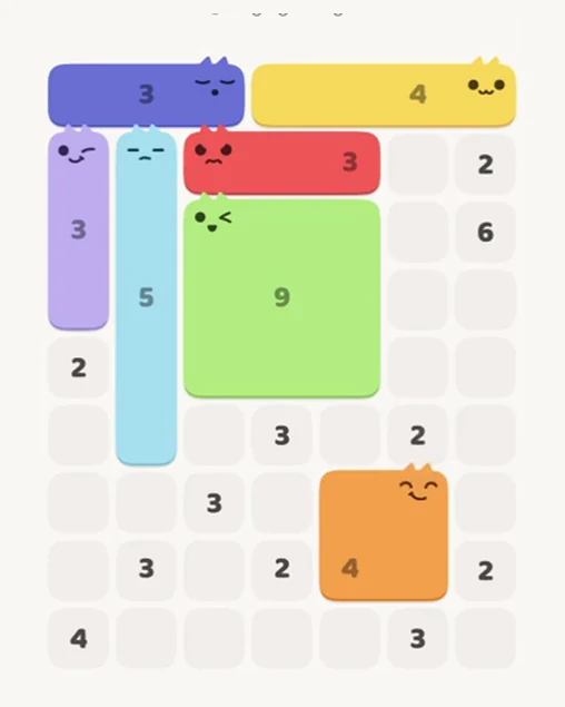 MeowBlock Level 61 after step 7, placing the 4-cell square block at the lower-right area