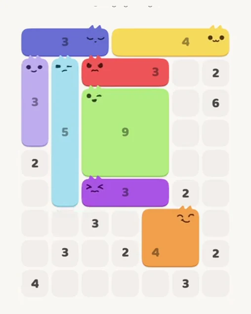 MeowBlock Level 61 after step 8, placing the 3-cell horizontal block at the lower center