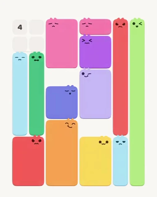 MeowBlock Level 62 after step 13, placing the 6-cell rectangular block at the upper center