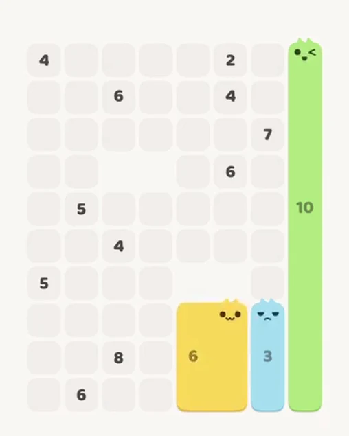 MeowBlock Level 62 after step 3, placing the 6-cell rectangular block at the lower-right area