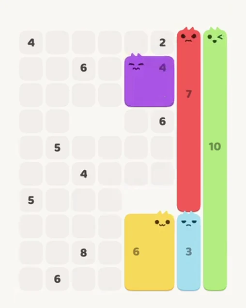 MeowBlock Level 62 after step 5, placing the 4-cell square block at the upper-right area
