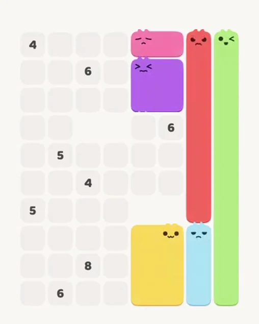 MeowBlock Level 62 after step 6, placing the 2-cell horizontal block at the upper-right area