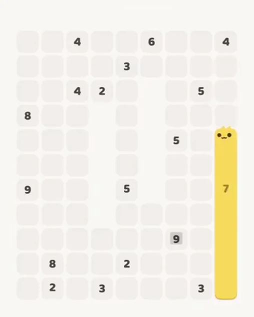 MeowBlock Level 63 after step 1, placing the 7-cell vertical block at the lower-right area