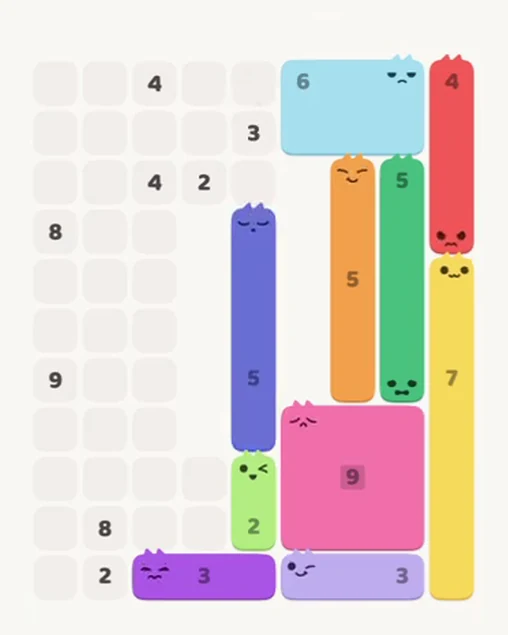 MeowBlock Level 63 after step 10, placing the 5-cell vertical block at the middle center