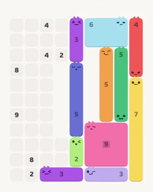 MeowBlock Level 63 after step 11, placing the 3-cell vertical block at the upper center