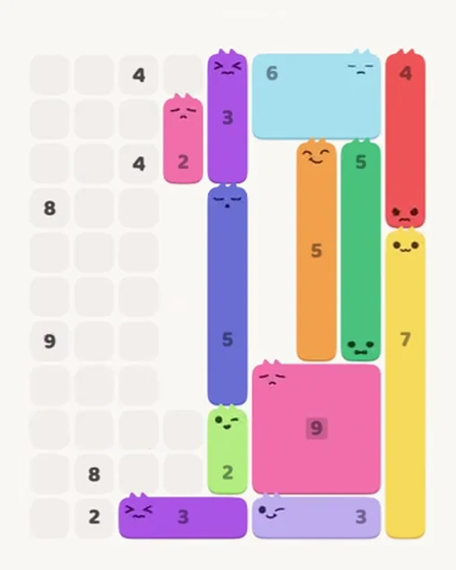 MeowBlock Level 63 after step 12, placing the 2-cell vertical block at the upper center