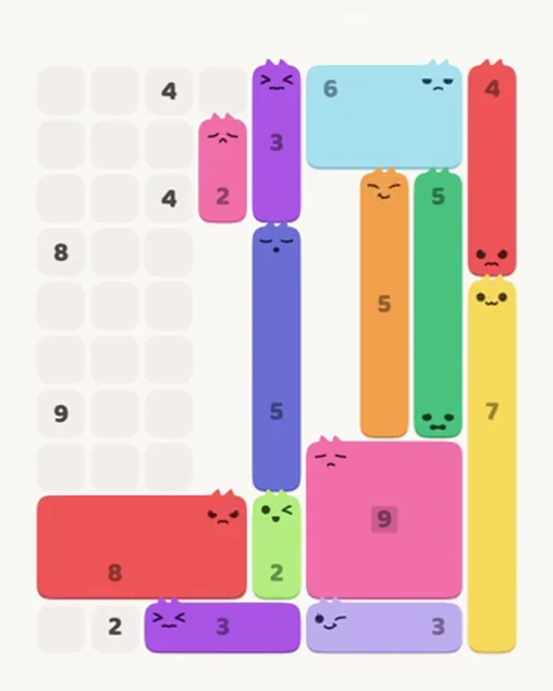 MeowBlock Level 63 after step 13, placing the 8-cell rectangular block at the lower-left area