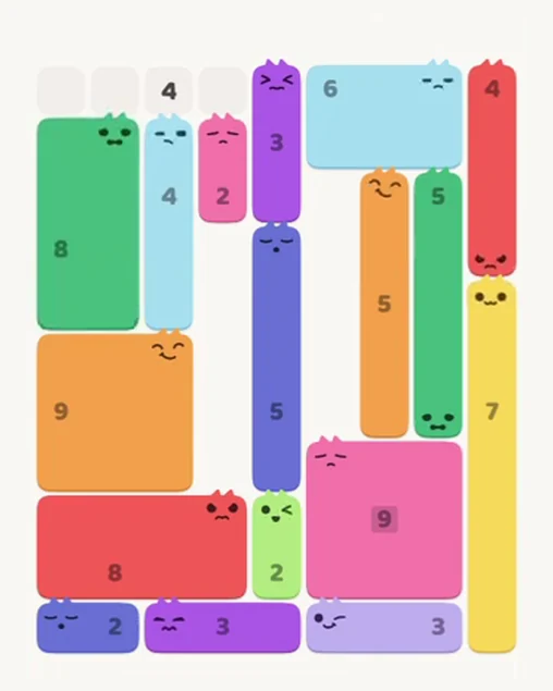 MeowBlock Level 63 after step 17, placing the 8-cell rectangular block at the upper-left area