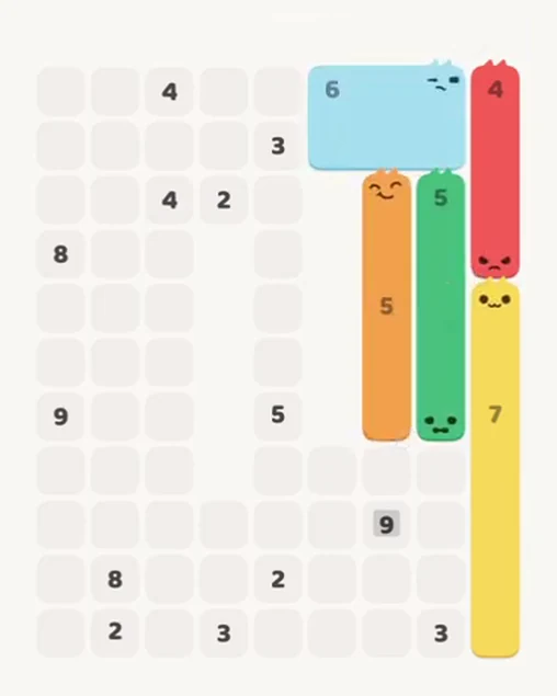 MeowBlock Level 63 after step 5, placing the 5-cell vertical block at the middle-right area