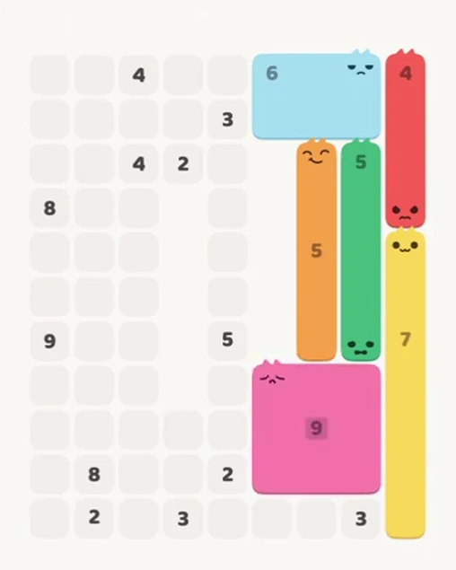 MeowBlock Level 63 after step 6, placing the 9-cell square block at the lower-right area
