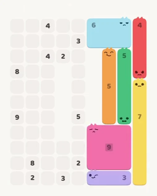 MeowBlock Level 63 after step 7, placing the 3-cell horizontal block at the lower-right area