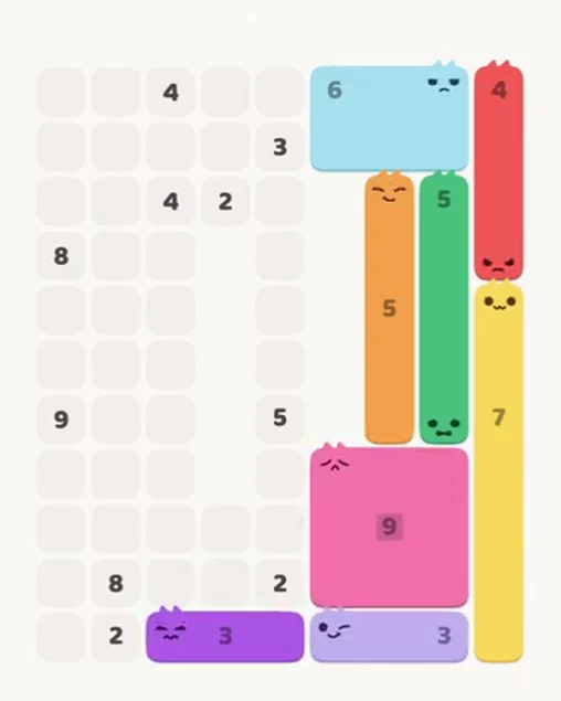 MeowBlock Level 63 after step 8, placing the 3-cell horizontal block at the lower center