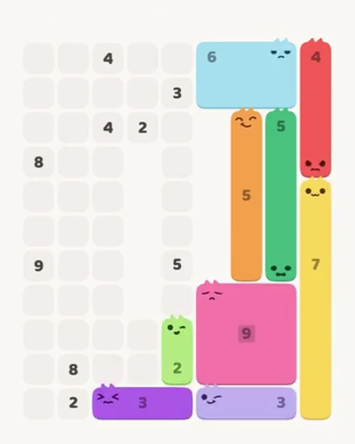 MeowBlock Level 63 after step 9, placing the 2-cell vertical block at the lower center
