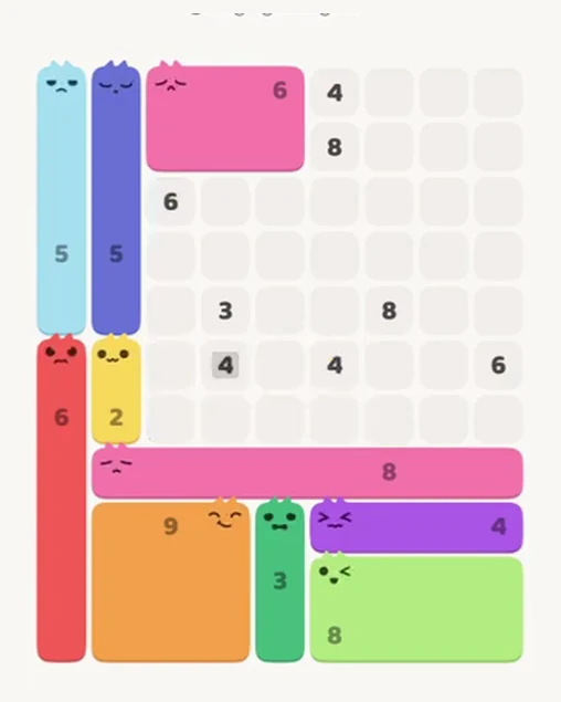 MeowBlock Level 64 after step 10, placing the 6-cell rectangular block at the upper center
